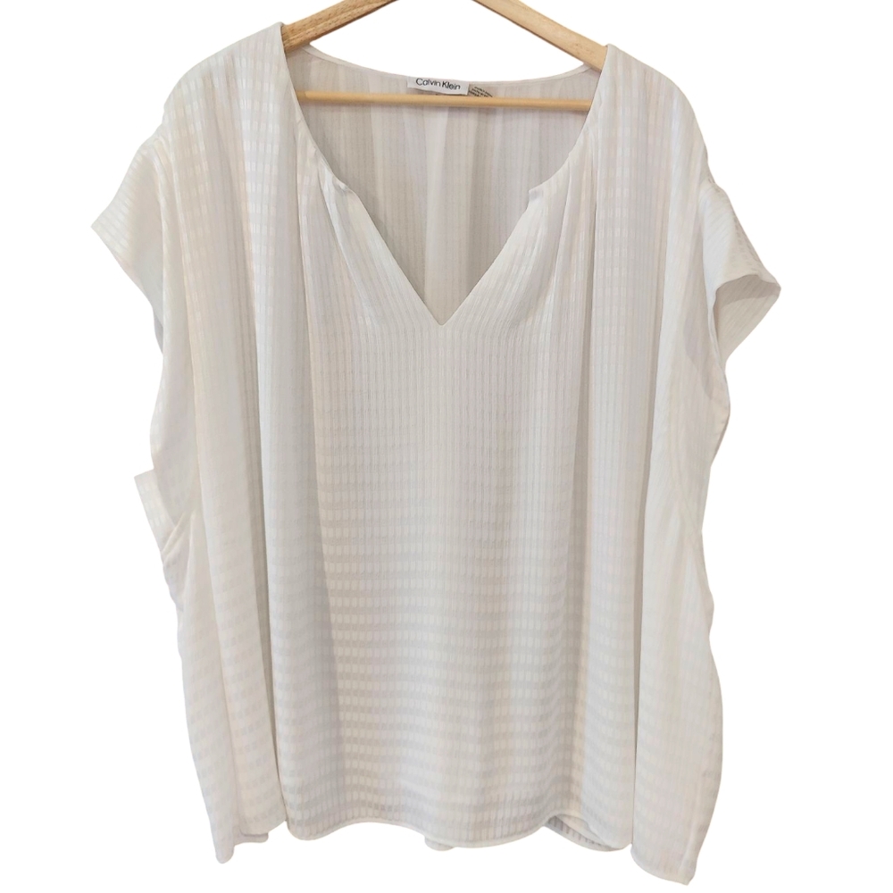 Calvin Klein Rectangle Print White V-neck Blouse